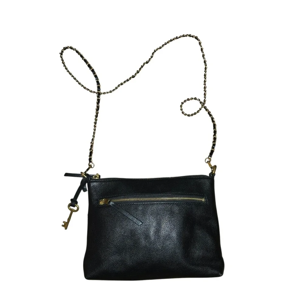 Fossil Fiona Crossbody Women Med Black Pebbled Leather ZB7266 Chain Strap READ